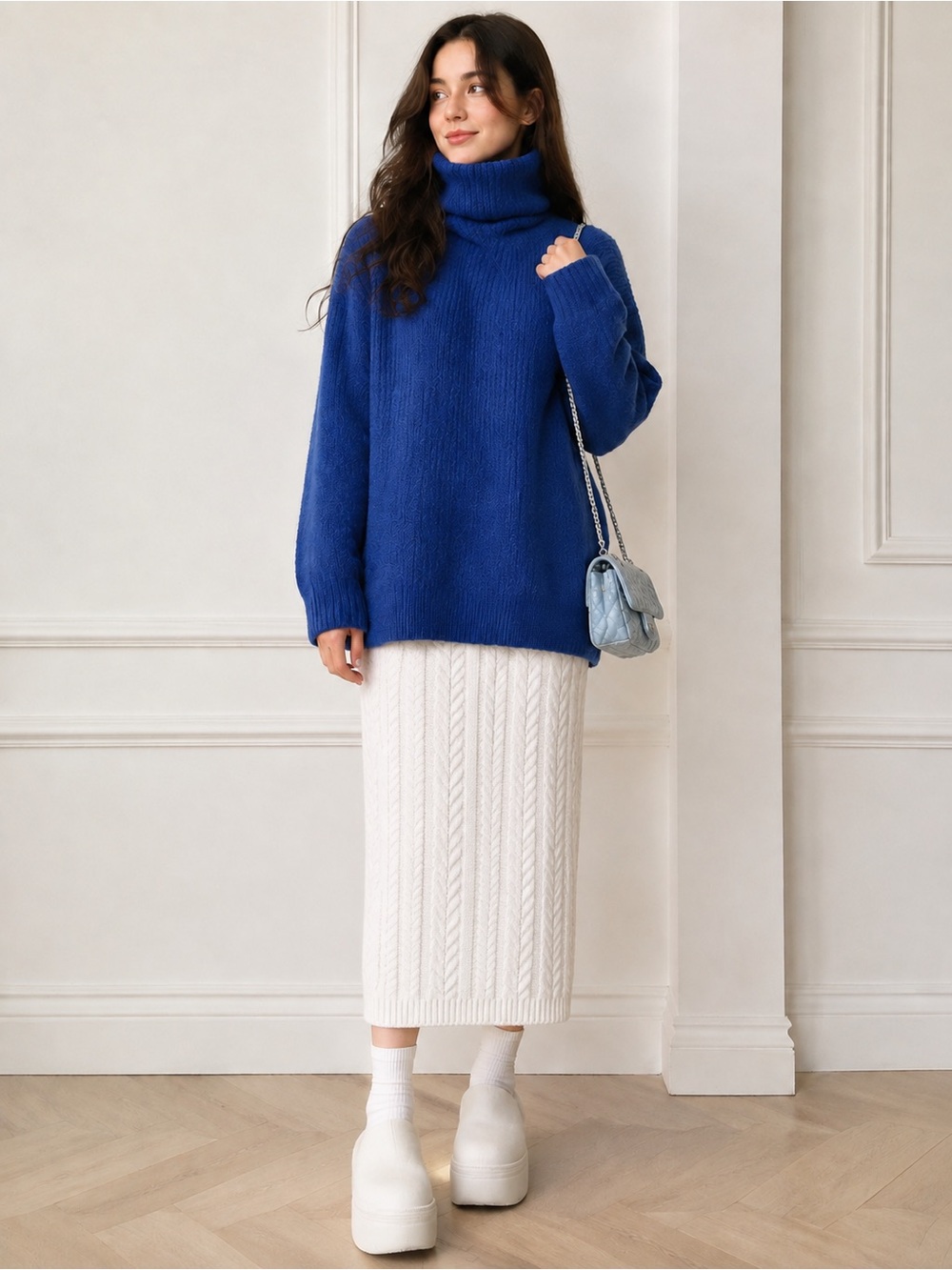 Women’s White Cable Knit Midi Skirt – 68CM Cozy Winter Skirt